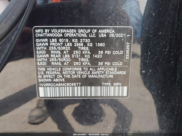 Aukcja sprzedaży 2021 Volkswagen Atlas 3.6l V6 Se W/technology R-line, vin: 1V2RR2CA8MC609577, numer aukcji: 45439631
