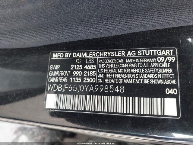 2000 Mercedes-benz E 320 მანქანა იყიდება აუქციონზე, vin: WDBJF65J0YA998548, აუქციონის ნომერი: 45439642