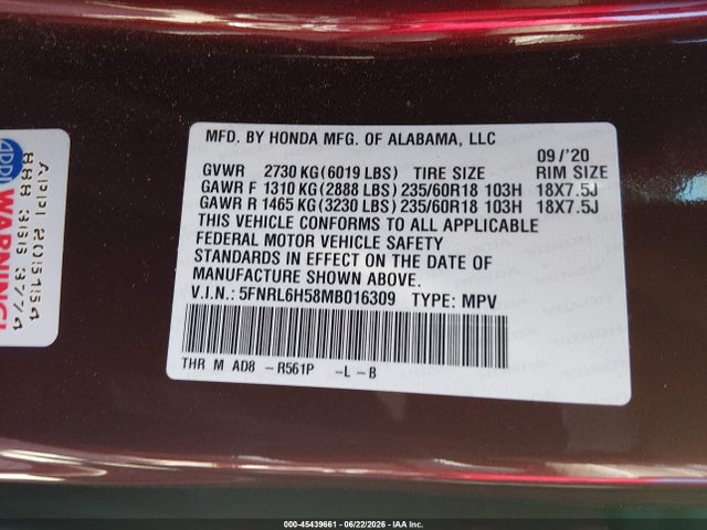 Honda ODYSSEY EX 2021 5FNRL6H58MB016309 Image 9