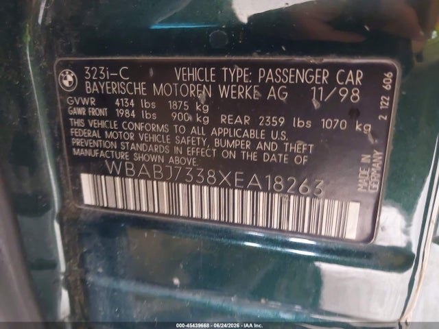 Продаж на аукціоні авто 1999 Bmw 323ic, vin: WBABJ7338XEA18263, номер лоту: 45439668