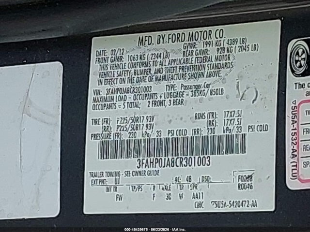 45439675 :رقم المزاد ، 3FAHP0JA8CR301003 vin ، 2012 Ford Fusion Sel مزاد بيع