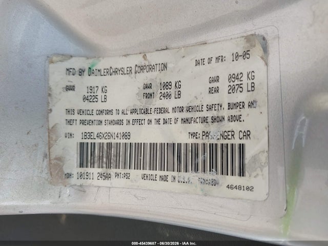 Продаж на аукціоні авто 2006 Dodge Stratus Sxt, vin: 1B3EL46X26N141089, номер лоту: 45439687