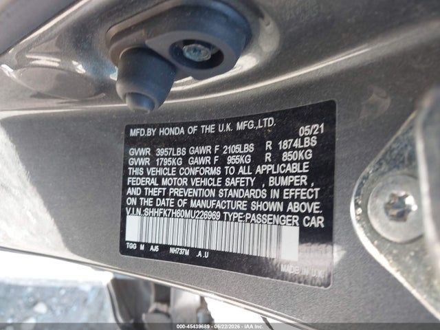 45439689 :رقم المزاد ، SHHFK7H60MU226969 vin ، 2021 Honda Civic Ex مزاد بيع
