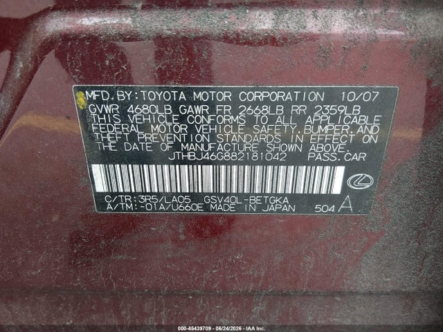 Aukcja sprzedaży 2008 Lexus Es 350, vin: JTHBJ46G882181042, numer aukcji: 45439709