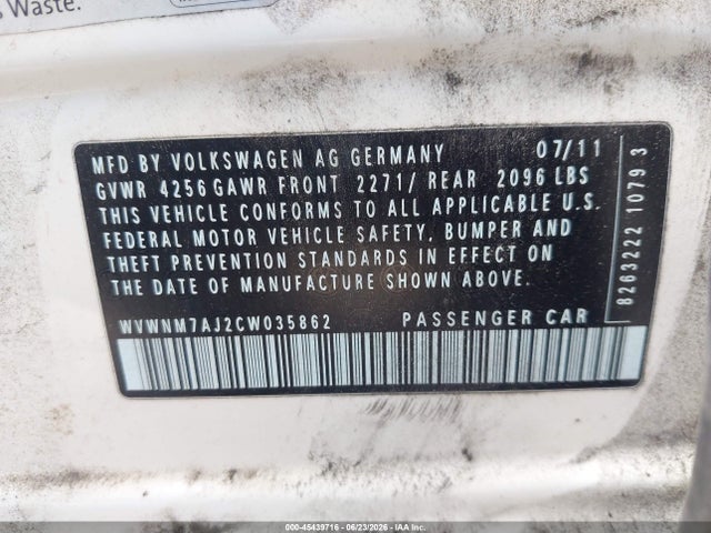 45439716 :رقم المزاد ، WVWNM7AJ2CW035862 vin ، 2012 Volkswagen Golf Tdi 4-door مزاد بيع