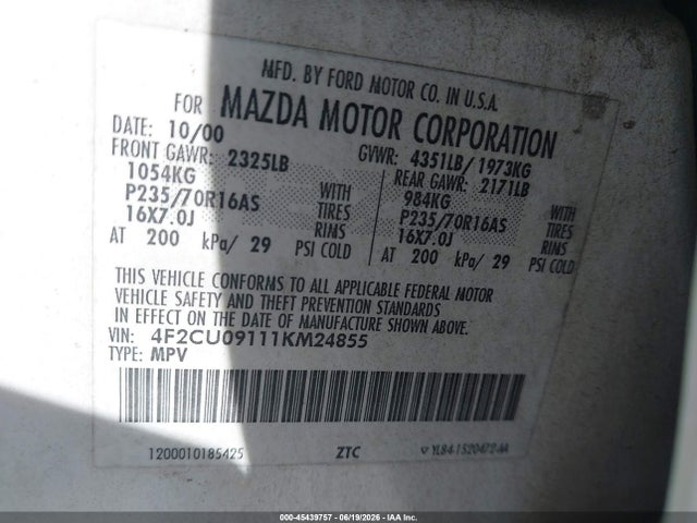 Aukcja sprzedaży 2001 Mazda Tribute Es V6/lx V6, vin: 4F2CU09111KM24855, numer aukcji: 45439757