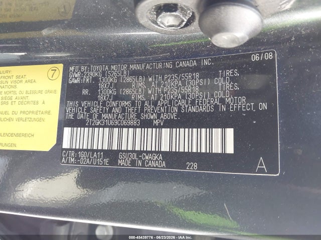 45439776 :رقم المزاد ، 2T2GK31U69C069883 vin ، 2009 Lexus Rx 350 مزاد بيع