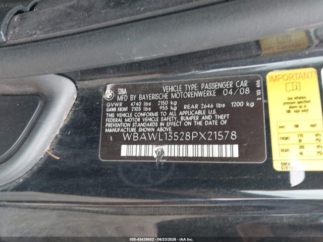 2008 Bmw 328i მანქანა იყიდება აუქციონზე, vin: WBAWL13528PX21578, აუქციონის ნომერი: 45439802