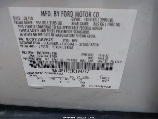 Aukcja sprzedaży 2018 Ford Ecosport Se, vin: MAJ3P1TE5JC194777, numer aukcji: 45439819