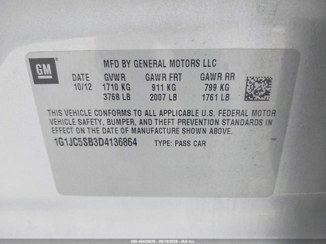 Aukcja sprzedaży 2013 Chevrolet Sonic Lt Auto, vin: 1G1JC5SB3D4136864, numer aukcji: 45439826