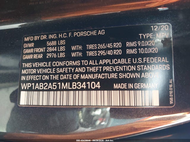 2021 Porsche Macan S მანქანა იყიდება აუქციონზე, vin: WP1AB2A51MLB34104, აუქციონის ნომერი: 45439846