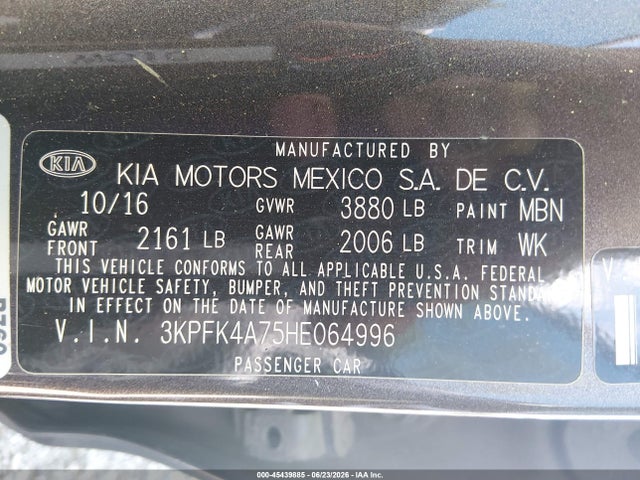 45439885 :رقم المزاد ، 3KPFK4A75HE064996 vin ، 2017 Kia Forte Lx مزاد بيع