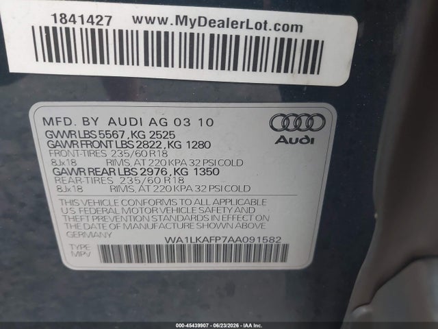 Продаж на аукціоні авто 2010 Audi Q5 3.2 Premium, vin: WA1LKAFP7AA091582, номер лоту: 45439907