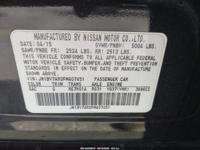 Aukcja sprzedaży 2015 Infiniti Q50 Premium, vin: JN1BV7AR0FM407451, numer aukcji: 45439916