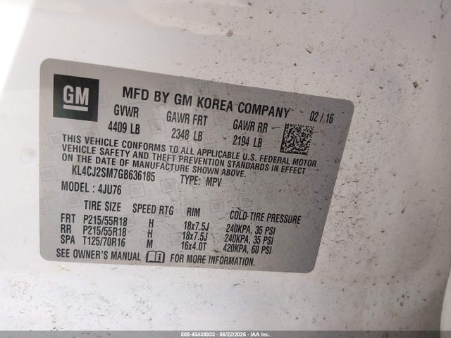2016 Buick Encore Sport Touring მანქანა იყიდება აუქციონზე, vin: KL4CJ2SM7GB636185, აუქციონის ნომერი: 45439933