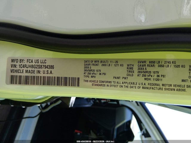 2025 Jeep Grand Cherokee Limited 4x4 მანქანა იყიდება აუქციონზე, vin: 1C4RJHBG2S8794386, აუქციონის ნომერი: 45439936