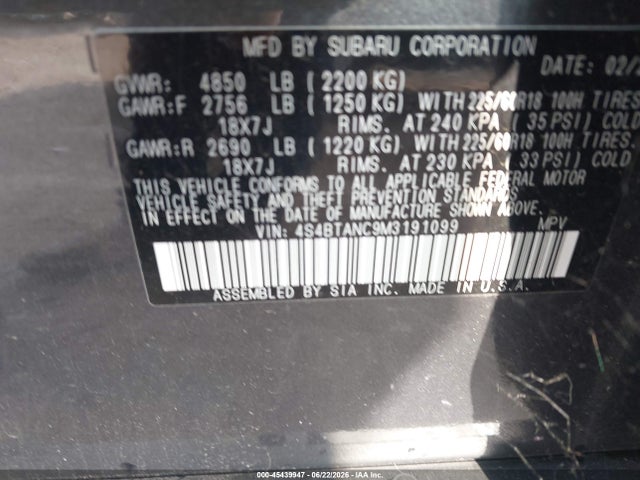 Продажа на аукционе авто 2021 Subaru Outback Limited, vin: 4S4BTANC9M3191099, номер лота: 45439947