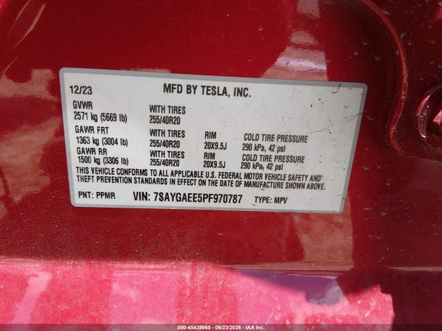 45439960 :رقم المزاد ، 7SAYGAEE5PF970787 vin ، 2023 Tesla Model Y Awd/long Range Dual Motor All-wheel Drive مزاد بيع