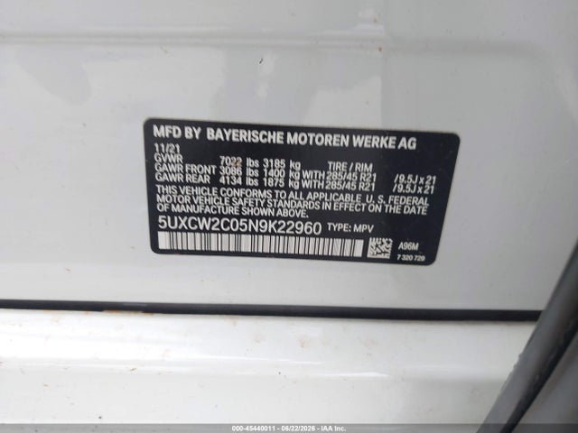 45440011 :رقم المزاد ، 5UXCW2C05N9K22960 vin ، 2022 Bmw X7 Xdrive40i مزاد بيع