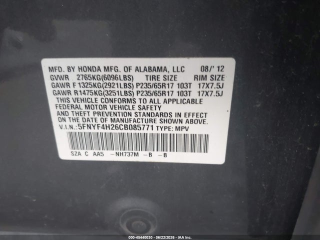 45440030 :رقم المزاد ، 5FNYF4H26CB085771 vin ، 2012 Honda Pilot Lx مزاد بيع