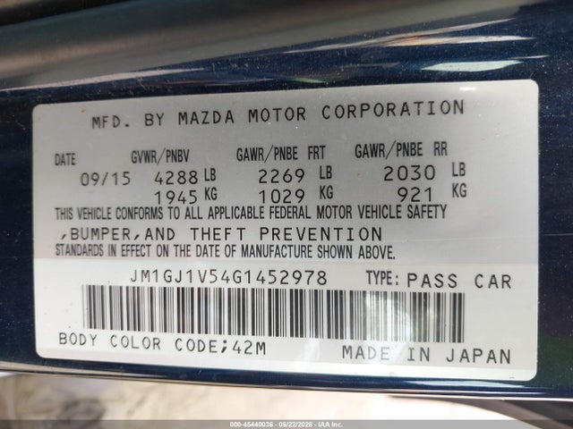Aukcja sprzedaży 2016 Mazda Mazda6 I Touring, vin: JM1GJ1V54G1452978, numer aukcji: 45440036