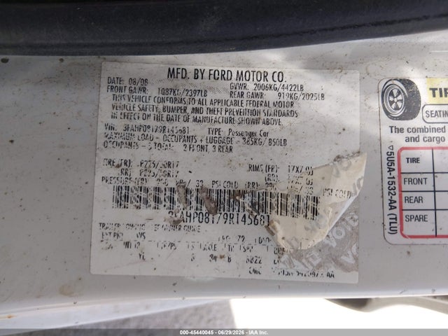 Auction sale of the 2009 Ford Fusion Sel, vin: 3FAHP08179R145681, lot number: 45440045