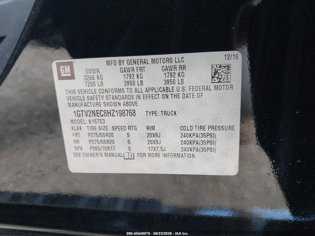 2017 Gmc Sierra 1500 Slt მანქანა იყიდება აუქციონზე, vin: 1GTV2NEC8HZ198768, აუქციონის ნომერი: 45440078