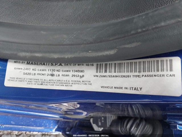 45440092 :رقم المزاد ، ZAM57XSA9H1226281 vin ، 2017 Maserati Ghibli مزاد بيع