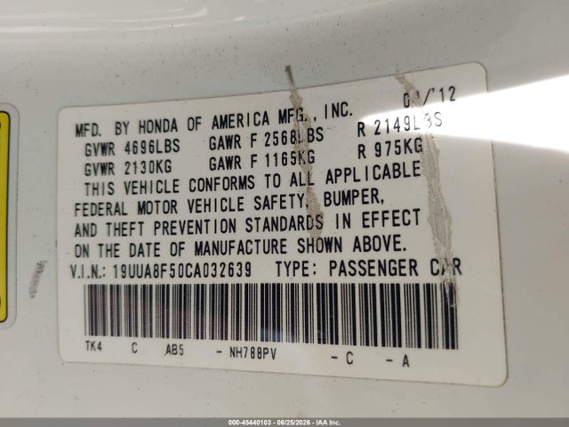45440103 :رقم المزاد ، 19UUA8F50CA032639 vin ، 2012 Acura Tl 3.5 مزاد بيع
