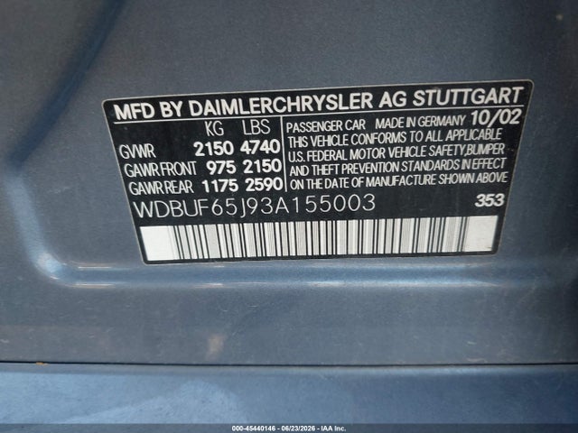 Продажа на аукционе авто 2003 Mercedes-benz E 320, vin: WDBUF65J93A155003, номер лота: 45440146