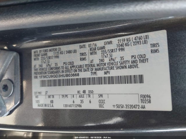 1FMCU9GD3HUB03668 Ford ESCAPE SE