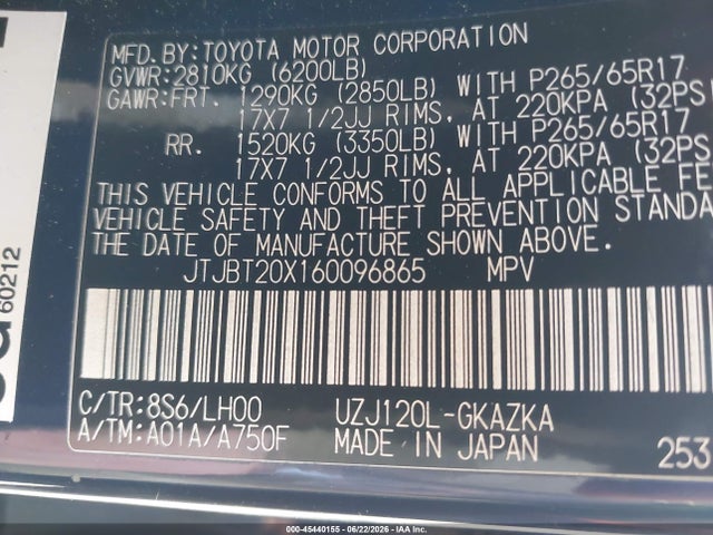 Aukcja sprzedaży 2006 Lexus Gx 470, vin: JTJBT20X160096865, numer aukcji: 45440155