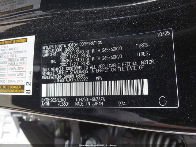 Aukcja sprzedaży 2026 Toyota Land Cruiser, vin: JTEABFAJXT5022292, numer aukcji: 45440168