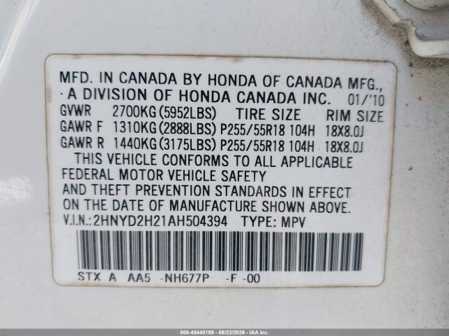 45440199 :رقم المزاد ، 2HNYD2H21AH504394 vin ، 2010 Acura Mdx مزاد بيع