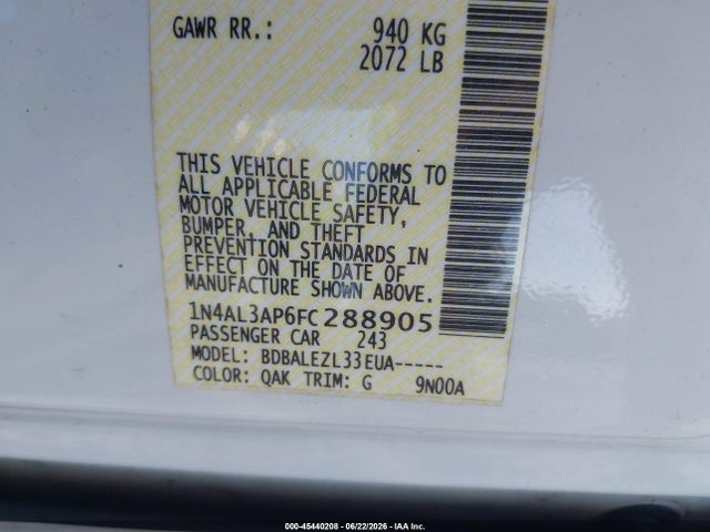 2015 Nissan Altima 2.5/2.5 S/2.5 Sl/2.5 Sv მანქანა იყიდება აუქციონზე, vin: 1N4AL3AP6FC288905, აუქციონის ნომერი: 45440208