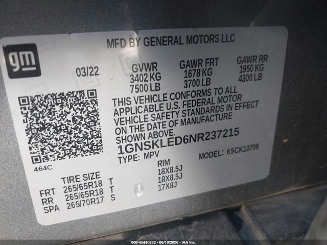 1GNSKLED6NR237215 Chevrolet Tahoe 4wd Commercial Fleet