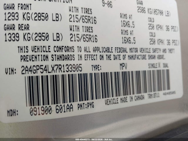 2007 Chrysler Town & Country Touring მანქანა იყიდება აუქციონზე, vin: 2A4GP54LX7R133905, აუქციონის ნომერი: 45440273