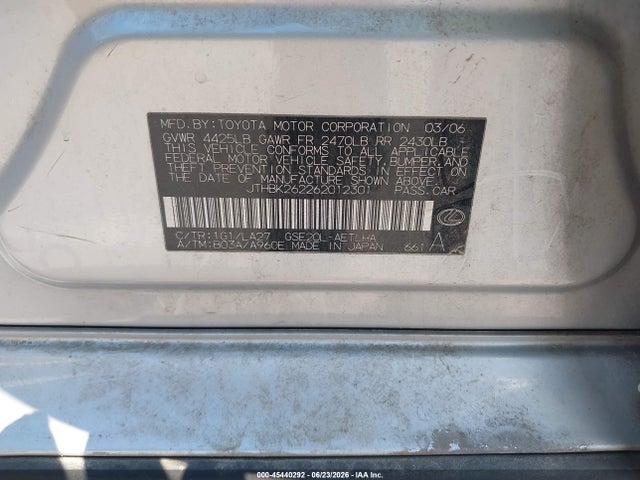 45440292 :رقم المزاد ، JTHBK262262012301 vin ، 2006 Lexus Is 250 مزاد بيع