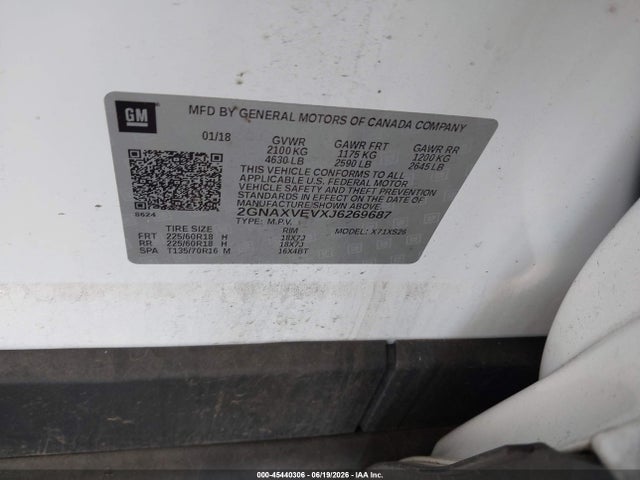 Auction sale of the 2018 Chevrolet Equinox Premier, vin: 2GNAXVEVXJ6269687, lot number: 45440306