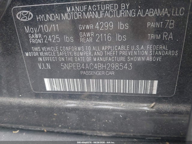 45440376 :رقم المزاد ، 5NPEB4AC4BH298543 vin ، 2011 Hyundai Sonata Gls مزاد بيع