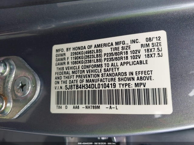 2013 Acura Rdx მანქანა იყიდება აუქციონზე, vin: 5J8TB4H34DL010419, აუქციონის ნომერი: 45440389