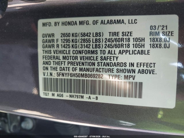 Honda Pilot Awd Ex-l 2021 5FNYF6H50MB069282 Image 9