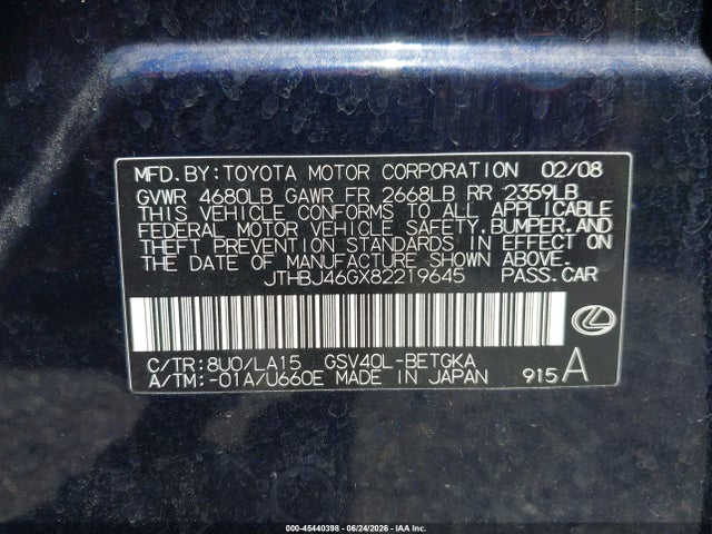 45440398 :رقم المزاد ، JTHBJ46GX82219645 vin ، 2008 Lexus Es 350 مزاد بيع