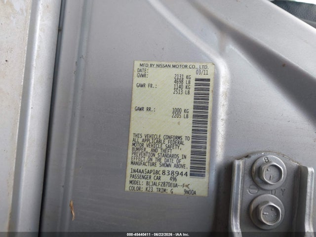 Aukcja sprzedaży 2011 Nissan Maxima 3.5 Sv, vin: 1N4AA5AP1BC838944, numer aukcji: 45440411