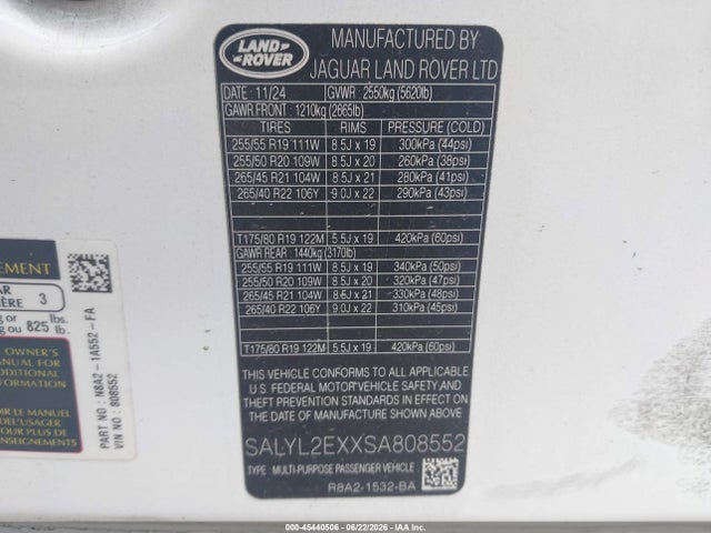 Aukcja sprzedaży 2025 Land Rover Range Rover Velar P250 Dynamic Se, vin: SALYL2EXXSA808552, numer aukcji: 45440506