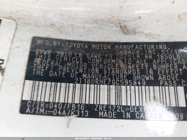 2T1BURHE7GC595849 Toyota COROLLA LE