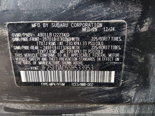 2025 Subaru Forester მანქანა იყიდება აუქციონზე, vin: JF2SLDAC5SH533953, აუქციონის ნომერი: 45440575