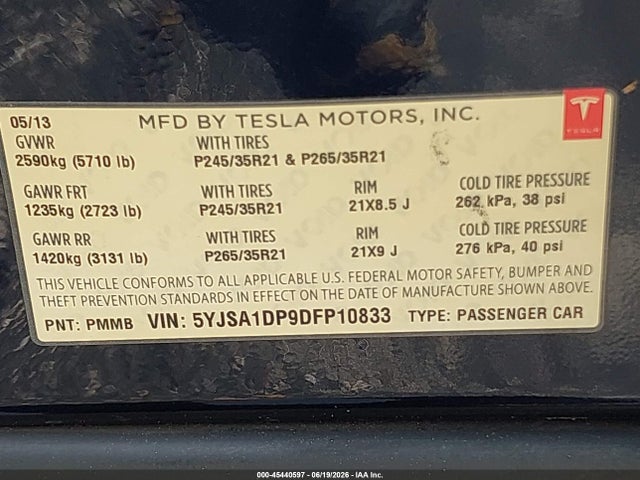Продаж на аукціоні авто 2013 Tesla Model S Performance, vin: 5YJSA1DP9DFP10833, номер лоту: 45440597