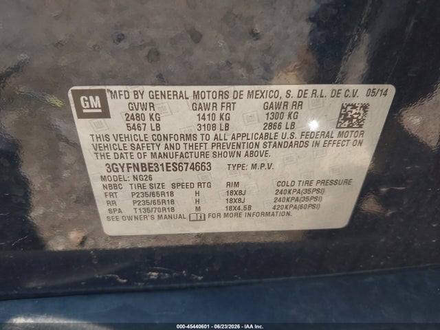 45440601 :رقم المزاد ، 3GYFNBE31ES674663 vin ، 2014 Cadillac Srx Luxury Collection مزاد بيع