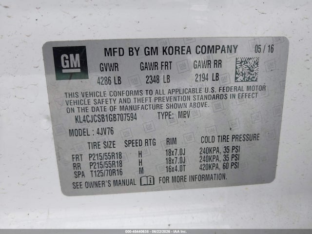 Продажа на аукционе авто 2016 Buick Encore Leather, vin: KL4CJCSB1GB707594, номер лота: 45440638